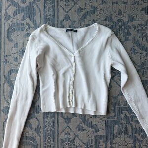Brandy Melville Ivory Ribbed V‑Neck Button Front Long Sleeve Top